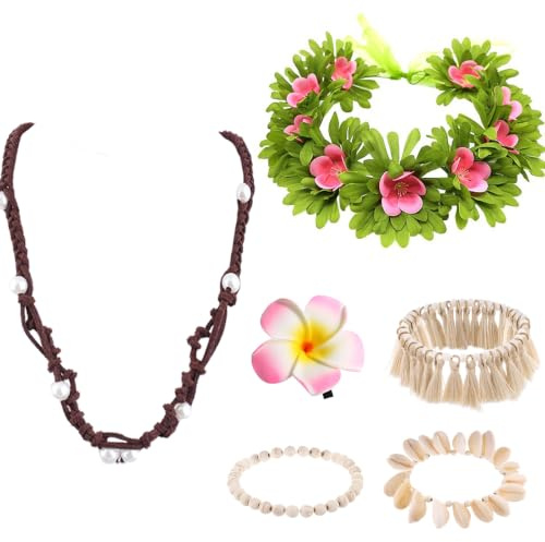 Carreuty 6 stycken prinsesstillbehör prinsesskedja, Hawaii girlang, pannband, blomma, hårklämma, 3 skal, fotlänkar, festtillbehör för flickor, barn, födelsedag, semester