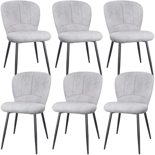 ANVOFONG Set di 6 Sedie Sala da Pranzo, Sedie da Cucina, Sedia Imbottita, Schienale in Tessuto con Gambe in Metallo Nero per Sala da Pranzo, Cucina, Grigio Pallido.