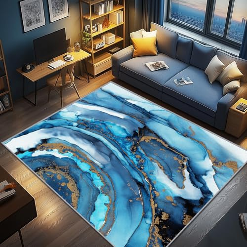 AevuCub Marmor Deko, Blau Weiß Teppich 60x90 Kurzflor, Kleiner Teppich Wohnzimmer Modern Abstrakt, Weich rutschfest Waschbare Teppiche, Bettvorleger Schlafzimmer Kinderzimmer