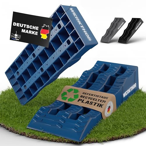 WERKTHOR Auffahrkeile Wohnmobil – [2er Set] stabile Auffahrkeile für Wohnwagen & Camper | Keile Wohnmobil für sicheres Nivellieren [<3t] – Robustes Design für jeden Untergrund (Blau ohne Tasche)