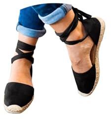 Espadrilles Women Vintage Ladies Flat Sandals Wide Fit Orthopedic Sandal with Arch Support Strappy Hessian Wedges Summer Shoes Ankle Tie Leg Straps Closed Toe Sandals for Women UK