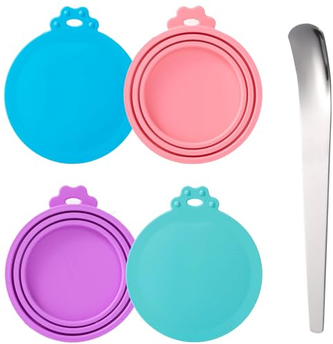 SLSON 4 Pack Pet Tin Can Silicone Lids with 1 Spoon Universal Cat Food Can Covers 1 Fits 3 Standard Size Pet Covers lids for Dog＆Cat Food Storage