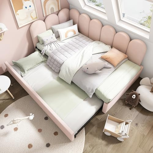 RIAZOS Polsterbett Einzelbett 90x200 cm, Tagesbett Schlafsofa mit 90x190 Ausziehbett, Daybett mit Lattenrost, Kinderbett Jugendbett Erwachsenenbett, Samt, ohne Matratze, Rosa