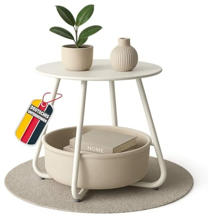 Coemo Couchtisch KOSI aus Metall Ø 45 x 45 cm mit Aufbewahrungskorb, Weiß | Beistelltisch rund mit Ablage, Wohnzimmertisch im Vintage Style, Sofatisch, Gartentisch mit Stoffkorb, zerlegt