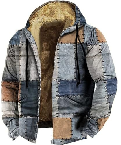 Bomberjacka för män, vinterfodrad, fleecejacka, förtjockad varm vinterjacka, retro, färgblock, övergångsjacka, stora storlekar, bekväm skogsarbetarjacka med huva och dragkedja, sportjacka för utomhus