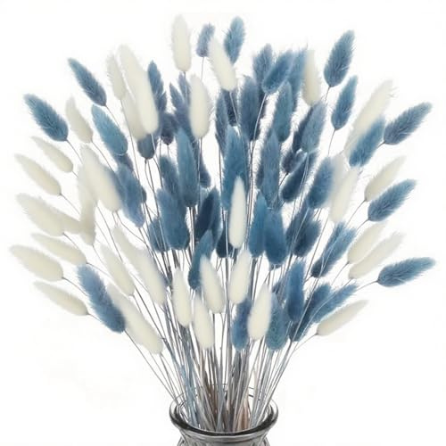 120 fiori secchi, erba della pampa artificiale, decorazione piccola pampa, erba boho a coda di coniglio, per soggiorno, decorazione di fiori artificiali e matrimoni (bianco e grigio-blu)