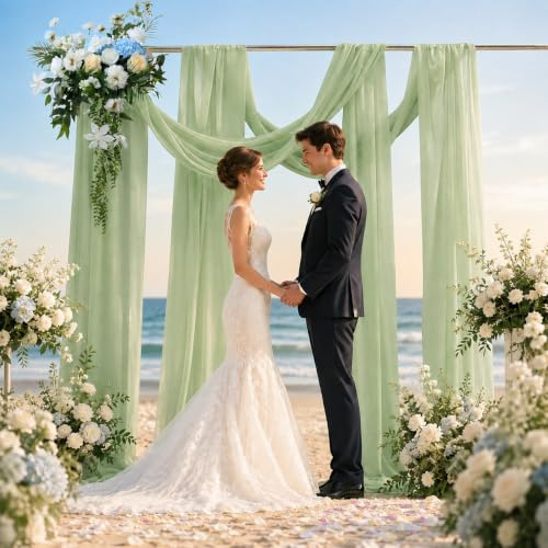 WMYYLX 2 Stück Querbehang, Hochzeit Vorhang, 75 x 600 cm Hochzeitsbogen Gardinen Dekoration, Tüllstoff Vorhänge für Wohnzimmer Hochzeitsfeier Zeremonie Bühnendekoration (Grün)
