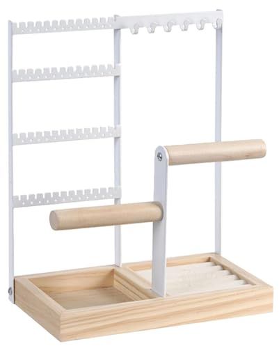 Eldvinur White Jewellery Stand Organiser,Jewellery Stand Organiser with Crossbars and Bottom Tray,4-Tier Necklace Holder with Hooks,Jewelry Stand for Daily Jewelry Storage and Display