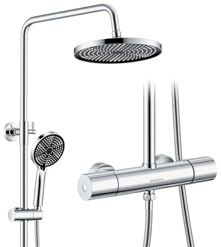 Duschsystem mit Thermostat Edelstahl Regendusche 25cm Handbrause 3 Strahlarten Duscharmatur Komplettset Höhenverstellbar mit Anti-Verbrühungsschutz Wassersparend Einfach Installieren