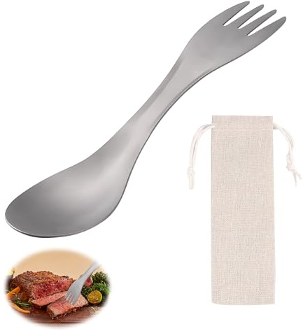 2-in-1 Titan Löffel Spork Multifunktional Besteck mit Aufbewahrungstasche | Ultraleichtes Gabel-Kombination, tragbare Einhandhaken, robuster Haken, passend für Wandern Picknick Outdoor Trekking