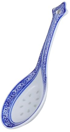 Veemoon Cuillère à Soupe Asiatique Grosse en Céramique Porcelaine Bleue Longue Poignée Motif Chinois Traditionnel la Cuisine Maison pour Servir Soupe et Condiment