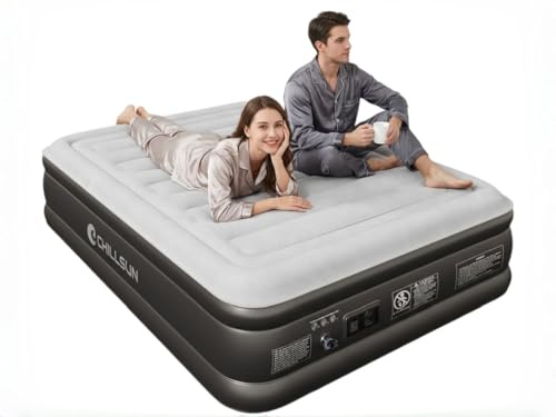 CHILLSUN Queen Size Airbed, 203cm L x 152cm W x 46cm H Inflatable Mattress, Air Bed with Built in Pump, Upgraded Blow Up Mattress in 3 Mins Fast Inflation for Camping and Home Use