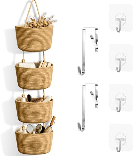 SPOKKI Tür Organizer hängend 4-stöckig, Khaki | Hängekorb aus Baumwollseil, Mit 4 Haken ohne Bohren, 2 verstellbare Cliphaken, Für Küche, Bad, Schlafzimmer