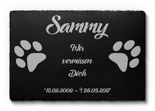 CHRISCK design Grabstein Hund Katze aus Schiefer mit Gravur Pfoten - Wetterfest imprägniert - Gedenkstein für Tiere - Grabplatte 22x14 cm o. 30x20 cm - Grabschmuck Grabdeko Tiergrab für Hunde
