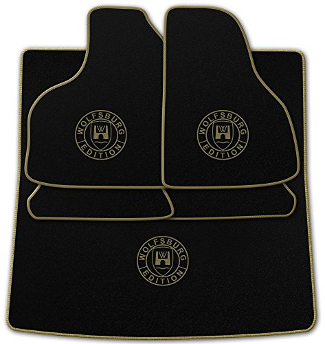 Autoteppich Stylers (Mit Farbauswahl Q100) Passform Auto Fußmatten + Kofferraumteppich mit Druck Wolfsburg Edition (WOB) und Rand in Beige für VW Golf 1 Cabrio Baujahr 1979-1993