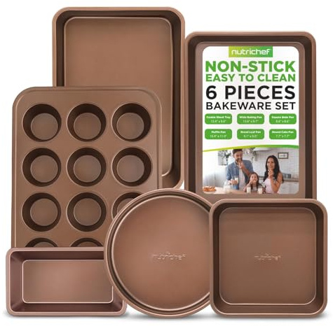NutriChef Baking Tray Set - 6 piece non stick bakeware set, Carbon Steel Pan, Cookie Sheet - Baking Tins, Oven Safe - Loaf, Muffin, Roaster, Round/Square Pans
