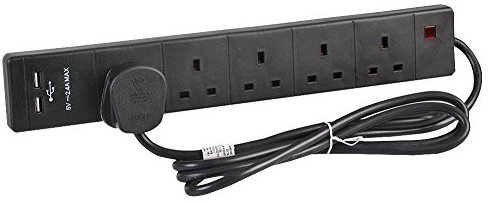 pro elec 5 Way Extension Lead with 2 x USB Socket, 2m In Black