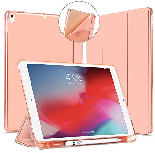 VAGHVEO Funda para iPad Air 3 2019 / Pro 10.5 2017 Cover con Soporte para Lápices, Protectora de Piel PU Smart Case [Auto Sueño/Estela], Flexible Suave TPU Translúcido Parte Trasera Cubierta, Rosa