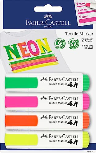 Faber-Castell 159591 - Pennarelli tessili in colori neon per tessuti leggeri, 4 pennarelli neon, larghezza linea 1-5 mm