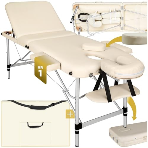 tectake® Massagebänk Hopfällbar, 3-Zons, Bärbart Massagebord, Massagestol, Höjdjusterbar, Med Extra Tjock Stoppning 5 cm, Olje- och Vattenresistent Vinylklädsel, Inkl. Bärväska och Armstöd - Beige