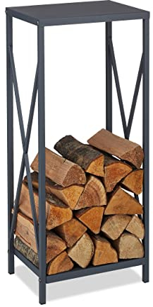 Relaxdays Portalegna in Metallo, HxLxP: 80,5x34x25 cm, Scaffale da Caminetto per Legna da Ardere Interni, Grigio