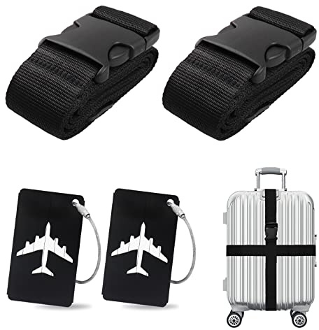 Juego de 4 Correas para Maletas Cinta de Equipaje con Set de Etiquetas de Equipaje Correa de Equipaje Negra identificación Personalizada para identificar rápidamente el Equipaje Bolsa de Viaje Maleta
