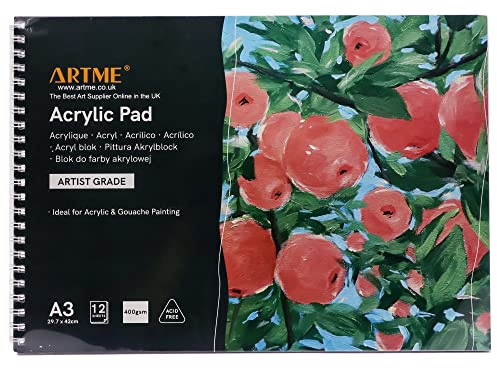 ARTME A3 Acrylic Pad Landscape, 12 Sheets/ 400gsm Extra Heavyweight/Cold Pressed/Acid Free, Premium Quality Drawing Pad Acrylic and Gouache (A3 1pk)