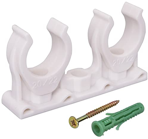 SKIR'CO (20 Stück) Doppelrohrschellen, Kunststoffschellen für 20-22mm Rohre, U-Typ Rohrklemme, Rohrschellen weiße Clips, Schlauchaufhänger