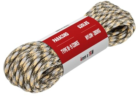 Brotree Paracord 4mm 15M 9 Strands 100% Nylon Rope Type 3 Parachute Cord for Outdoor, Bracelet, DIY - 280kg Breaking Load (ACU (Army Combat Uniform))