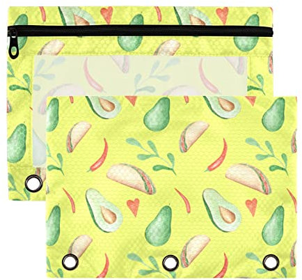 Taco Avocado auf gelbem 3-Ring-Bleistiftbeutel, 2 Stück, Kunststoff, recycelt, transparent, wasserdicht, mit Reißverschluss, Schreibwaren-Zubehör