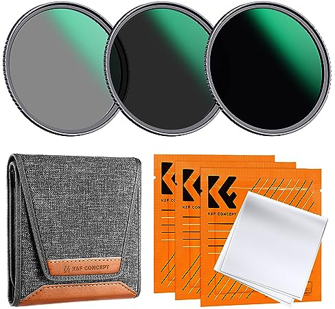 K&F CONCEPT Ø55mm Filtre ND8 ND64 ND1000 et Sac 3 Chiffons D Série | 3/6/10 Stops, Nano-revêtement, HD, Étanche, Résistant à l’huile et aux rayure,Verre optique,Cadre CNC Antidérapant,FS505