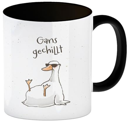 Gilbert die Gans Kaffeebecher in schwarz mit Spruch Gans gechillt eine bunte Tasse für das Büro lustiger Motiv Pechvogel Kaffeetasse Männer Miesepeter Comic Becher witziger Spruch
