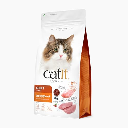 Catit Recipes Adult Poultry Dry Cat Food, Natural Grain Free Dry Food with Meat, High Protein Cat Kibble for Adult Cats, Hairball Control & Omega 3, 2kg Bag