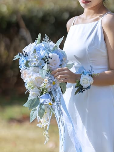 FEILUOYI Blauer Brautstrauß am Meer, geschichteter Brautstrauß, Wurfstrauß, kann für ländliche Hochzeiten, kirchliche Hochzeiten, Hochzeitsgeschenke verwendet werden