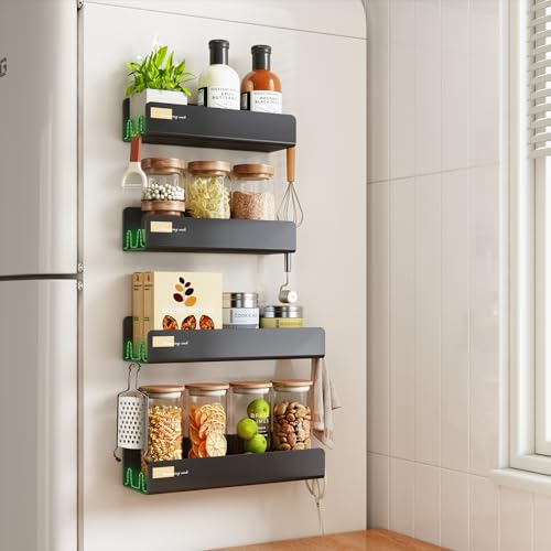 Kitstorack 4 Stück Gewürzregal Magnetisch Kühlschrank mit 16 Haken, Multifunktional Magnet Regal Kühlschrank mit Hohler Gestalt, Stark Magnetisch Gewürz Organiser und Speicher, Schwarz
