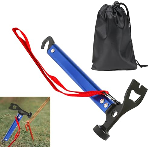 LEKEFETO Campinghammer 30.5cm, Camping Hammer mit Haken und Mini-Hacke, Hammer aus Aluminium, Outdoor-campinghammer, Multifunktionaler Hammer für Zeltheringe mit Aufbewahrungstasche(Blau)