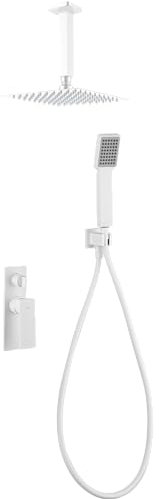 IMEX - Ducha Empotrada Techo Monomando Blanca | Kit de Grifería Empotrado con Alcachofa y Rociador Antical Efecto Lluvia | Columna Ducha Empotrada en Latón y Acero Inox S.304 | Serie Nadi