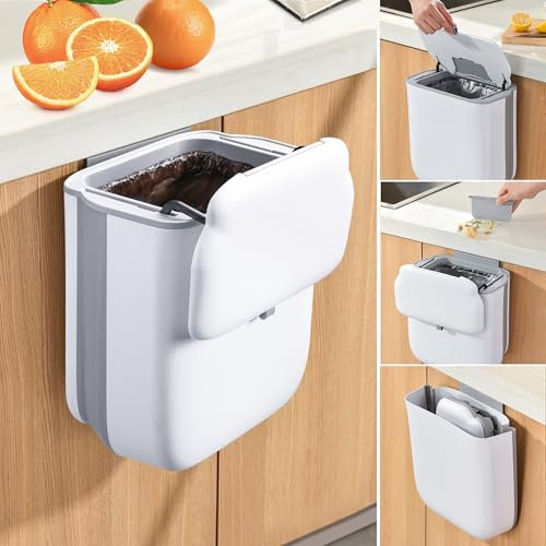 Foldable Hanging Trash Bin with Lid,10L Rubbish Bin Kitchen Compost Bin Hanging Trash Can for Counter top/Under Sink/Kitchen/Camping/Car/Bathroom/Office/Bedroom