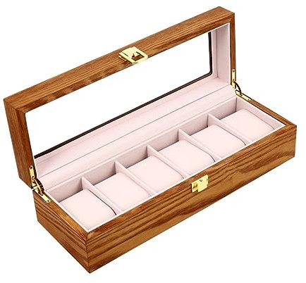 OATIPHO Holz Uhrenbox Organizer Mit 6 Fächern Abnehmbare Flanellkissen Schlichter Klappdeckel Uhrenaufbewahrungsbox Für Herren Und Damen
