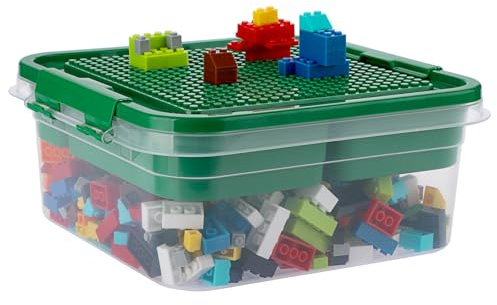 OGANAZI Plastic Building Block Storage Box Containers with Sorting Tray and Building Plate Lid for Interlocking Accessories, Lego Box Storage, Green, 24*24*11cm