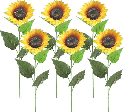 Minnhua 6pcs Künstliche Sonnenblumen kunstblumen Langer stiel 62cm | Seidenblumen Sonnenblume Deko Sunflowers für Grab Balkon Friedhof Garten Hochzeit Party Hause