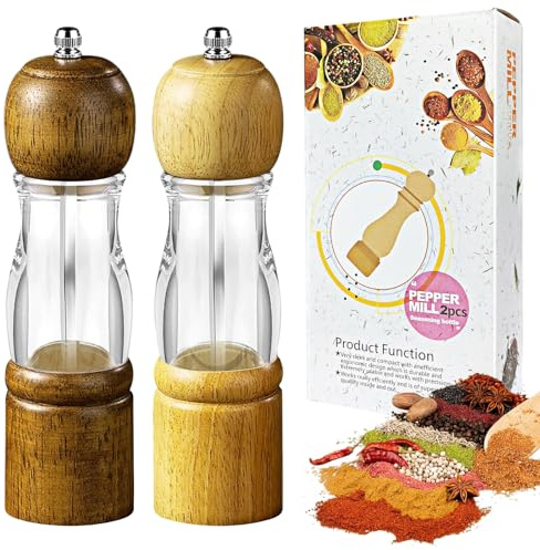 Salt and Pepper Grinder Set,7.87 Inches Wooden Shakers Spice Grinder Refillable,Manual Wooden Salt and Pepper Mill Set,Ceramic Grinding Rotor with Strong Adjustable Coarseness