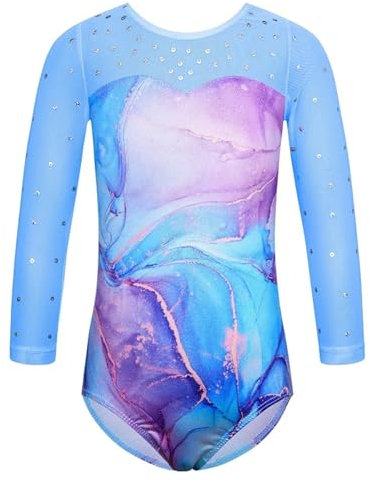 EKalgretrA Gymnastikanzug Mädchen Langarm Mesh Patchwork Trikots for Mädchen Diamant Gymnastik Overall Body Teens Gymnastik Kleidung(BlueMarble,5A)