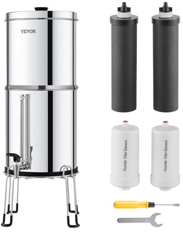 VEVOR Système de Filtration d'Eau par Gravité 7,5 L, Filtre à Eau par Gravité Réduction du Plomb et jusqu'à 99% du Chlore, Inox 304, avec 2 Filtres à Charbon Actif, 2 Filtres de Défluoration, Robinet