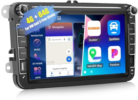 CAMECHO 4+64G Android 15 Car Stereo for VW Golf 5 Polo Skoda Caddy,8 inch Double Din Car Stereo Sat Nav Wireless Carplay Android Auto RDS FM Bluetooth Mirror Link SWC