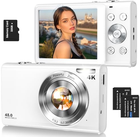 Digital Camera,Autofocus 4K Vlogging Camera for Photography with 32GB Card,48MP Portable Compact Point and Shoot Digital Camera for Teens Adult Beginner with 16X Zoom,Anti-Shake,2 Batteries(White)