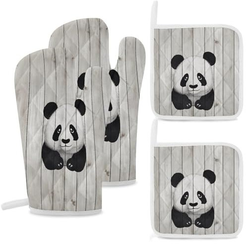 Set di 4 presine da forno e presine in legno bianco con stampa panda, resistenti al calore, extra lunghi e cuscinetti caldi, guanti da cucina antiscivolo, presine in poliestere per cucina, grigliare,