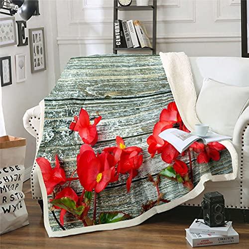 Red Begonia Flowers Sherpa Blanket Rustic Wooden Floor Fleece Throw Blanket Chic Woodland Branches Fuzzy Blanket for Sofa Bed,Double 60x79 Inch