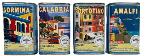 Juego de 4 aceites de oliva italianos de 250 ml – Aceite de oliva virgen extra con 4 sabores – Set de regalo en latas decorativas – Idea de regalo para cumpleaños, día de la madre, día del padre y