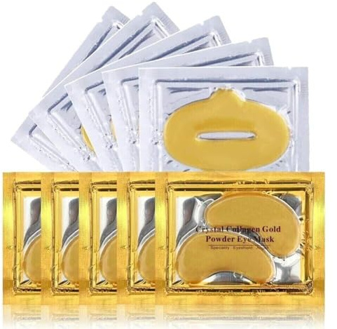 5x Collagen Lip Masks & 5 Pairs 24K Gold Gel Eye Masks, Anti Aging Wrinkle Gel Under Eye and Lip Patches, Eye Masks Patches for Dark Circles Puffy Eyes, Plumping Hydrating Gold Lip Pads
